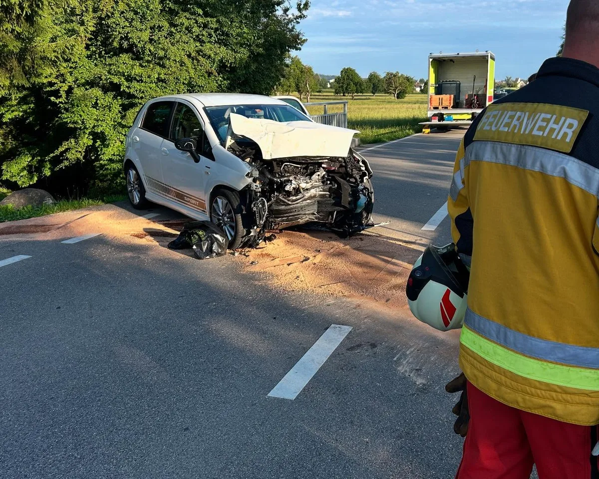 Man sieht ein Auto mit eingedrückter Motorhaube. 